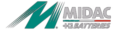 Logo_03 | Jović Viljuškari Logo MIDAC Batteries sa stilizovanim slovom M u cijanskoj boji i rečima MIDAC Batteries crne boje sa malom crvenom podvučenom linijom