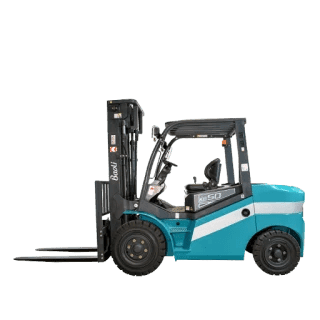 Blue forklift seen from the side with its black mast raised and forks extended forward ready to lift loads