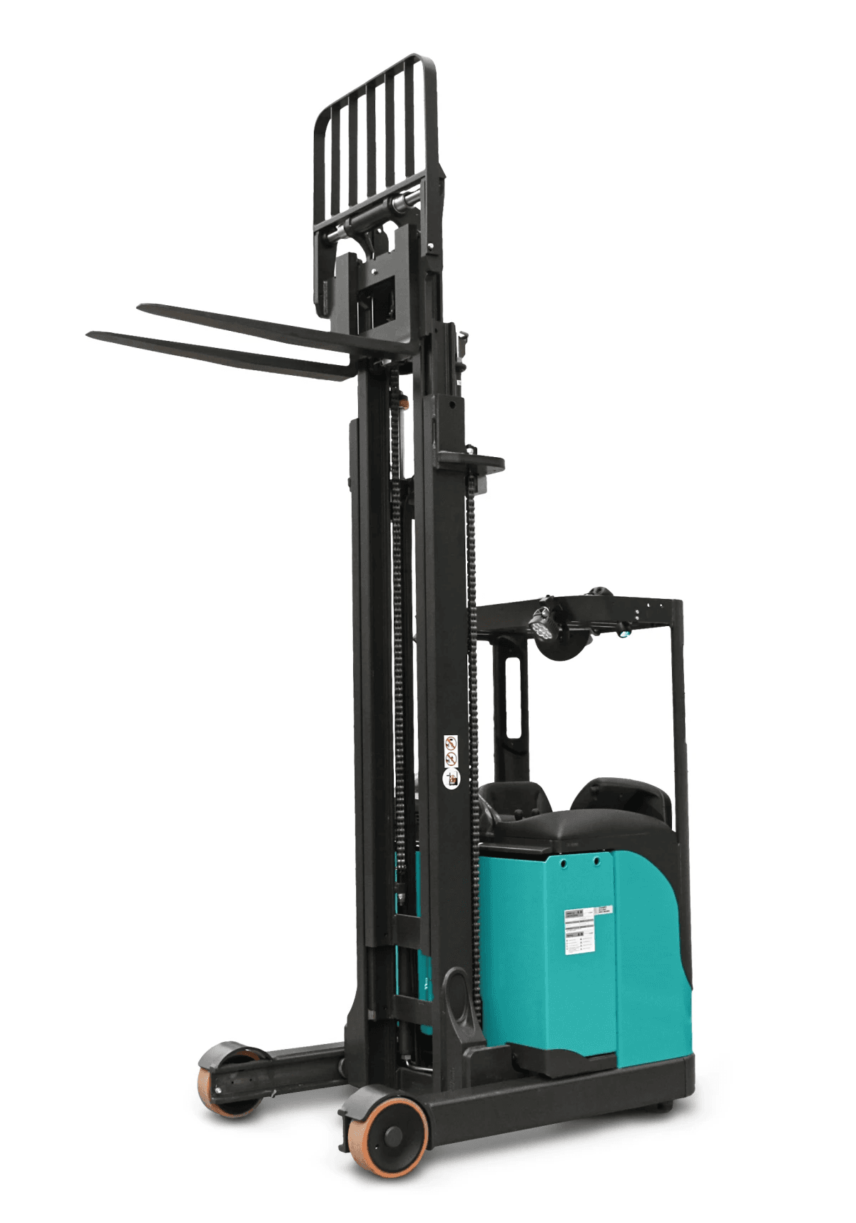 Električni paletni viljuškar sa produženim viljuškama i tirkiznom karoserijom na crnom jarbolu i točkovima
