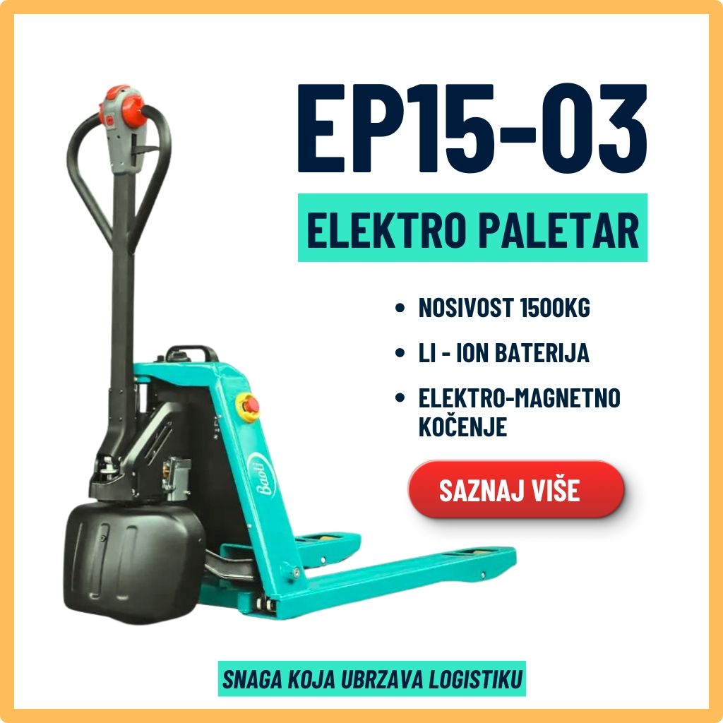 Elektro paletar EP15-03 sa nosivošću 1500kg, Li-ion baterijom i elektromagnetskim kočenjem.