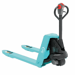 Ep1503-hero | Jović Viljuškari Turquoise manual pallet jack with extended forks and a red topped control handle ready to lift and move pallets