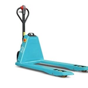 Blue manual pallet jack with a long turquoise fork and black handle, used to lift and move pallets.